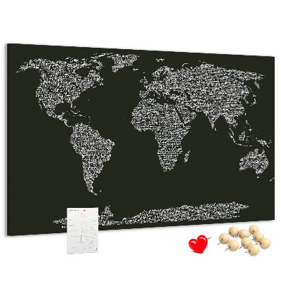 Korková nástěnka Mapa světa v textové podobě.