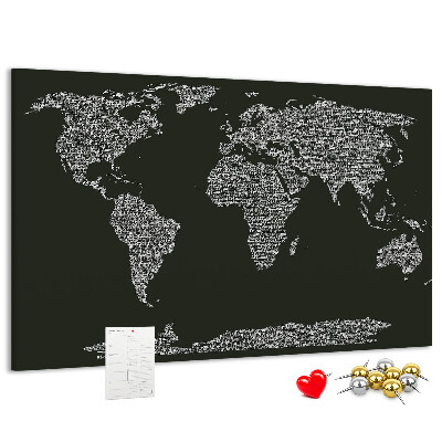 Korková nástěnka Mapa světa v textové podobě.
