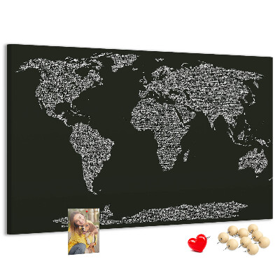 Korková nástěnka Mapa světa v textové podobě.