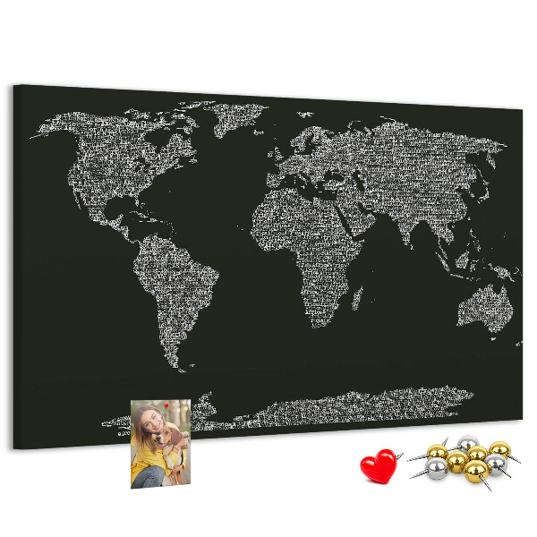Korková nástěnka Mapa světa v textové podobě.