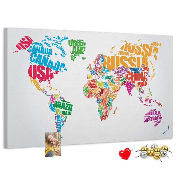 Nástěnka Barevná mapa světa s názvy zemí