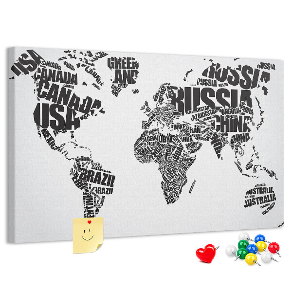Korková nástěnka Mapa světa s názvy zemí slovy