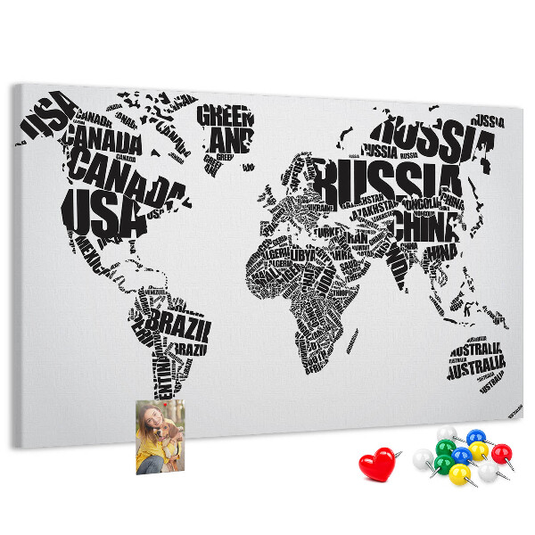 Korková nástěnka Mapa světa s názvy zemí slovy