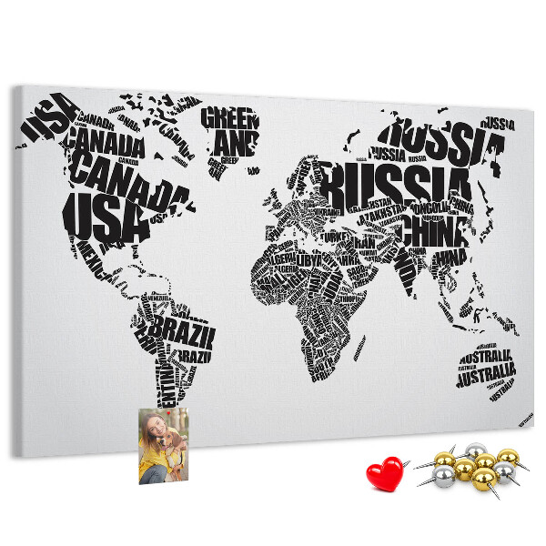 Korková nástěnka Mapa světa s názvy zemí slovy