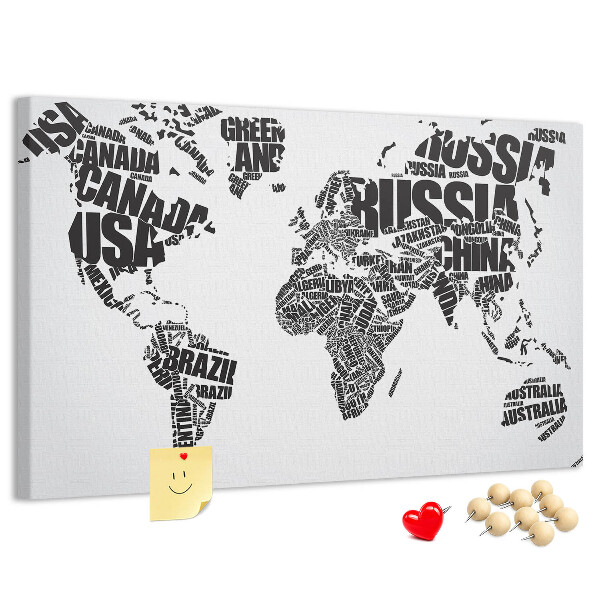 Korková nástěnka Mapa světa s názvy zemí slovy