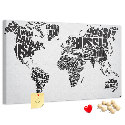 Korková nástěnka Mapa světa s názvy zemí slovy