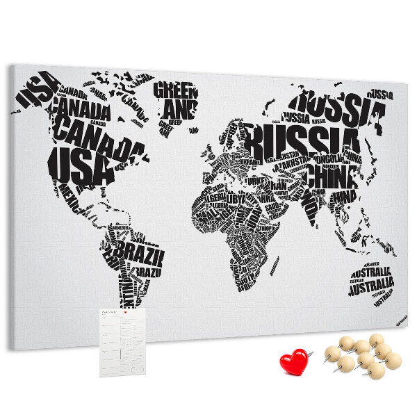 Korková nástěnka Mapa světa s názvy zemí slovy