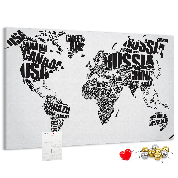 Korková nástěnka Mapa světa s názvy zemí slovy