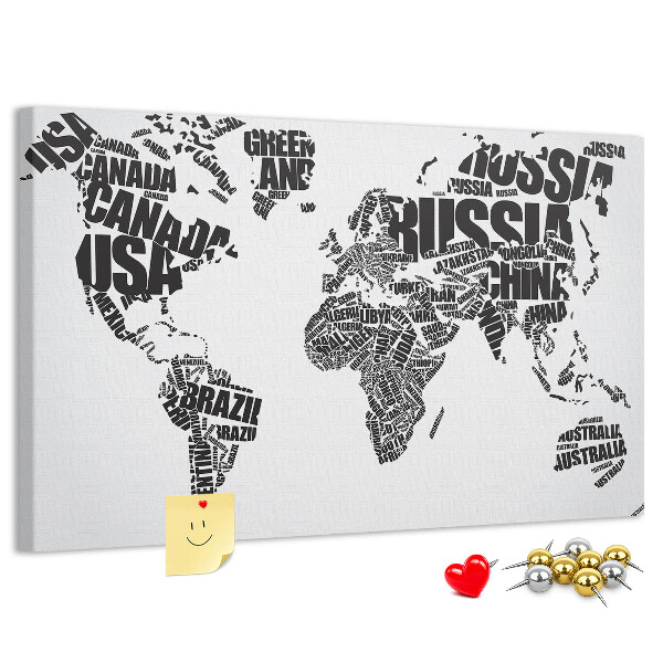 Korková nástěnka Mapa světa s názvy zemí slovy