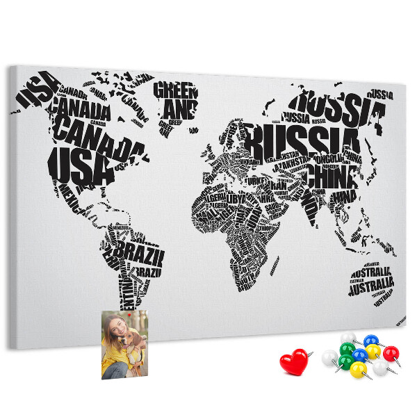 Korková nástěnka Mapa světa s názvy zemí slovy