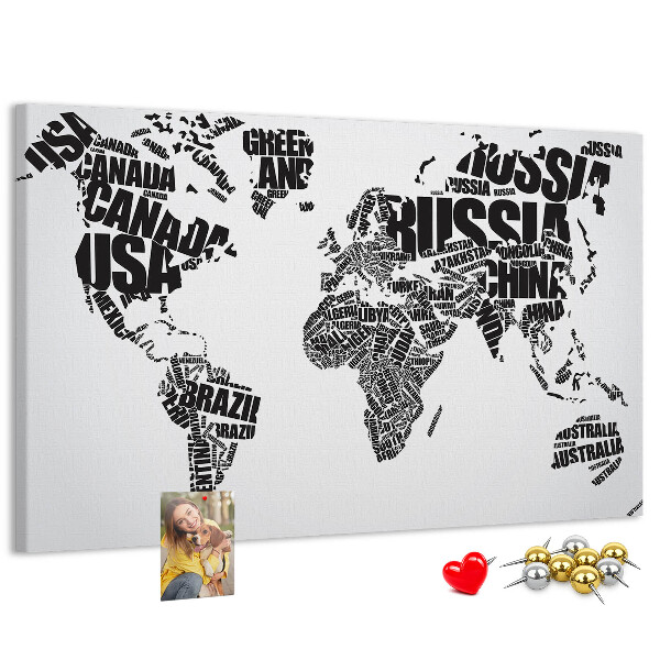Korková nástěnka Mapa světa s názvy zemí slovy