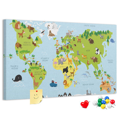 Nástěnka Mapa světa se zvířaty a kontinenty