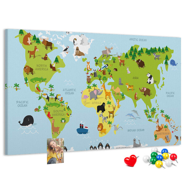 Nástěnka Mapa světa se zvířaty a kontinenty