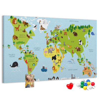 Nástěnka Mapa světa se zvířaty a kontinenty