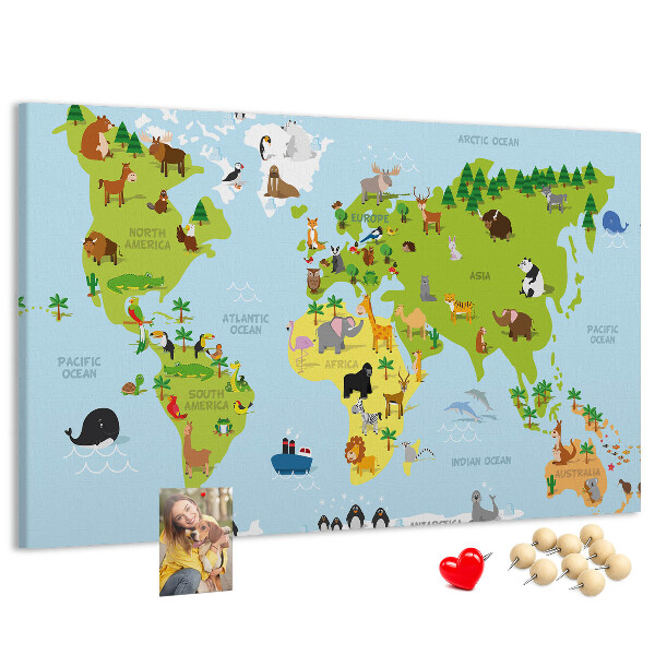 Nástěnka Mapa světa se zvířaty a kontinenty