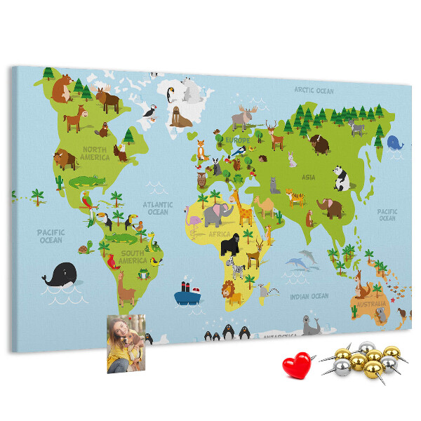 Nástěnka Mapa světa se zvířaty a kontinenty