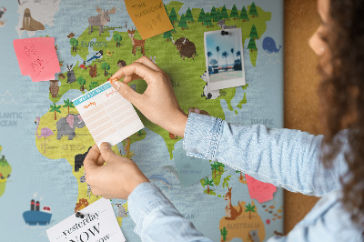 Nástěnka Mapa světa se zvířaty a kontinenty