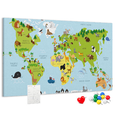 Nástěnka Mapa světa se zvířaty a kontinenty