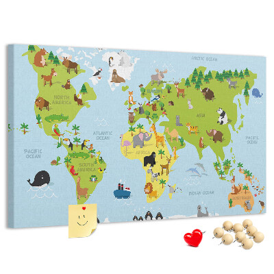 Nástěnka Mapa světa se zvířaty a kontinenty
