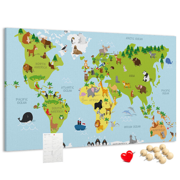 Nástěnka Mapa světa se zvířaty a kontinenty