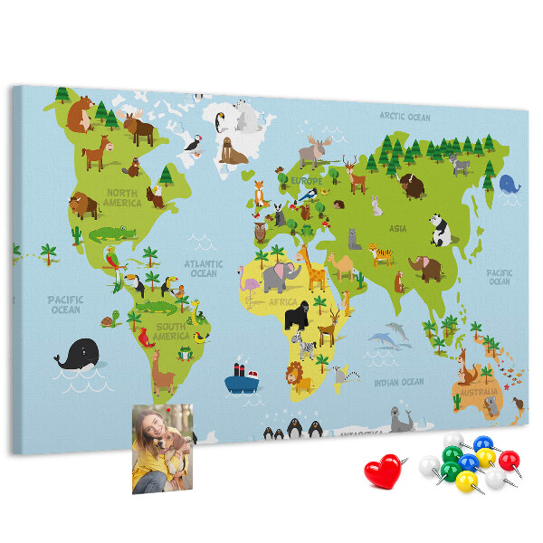 Nástěnka Mapa světa se zvířaty a kontinenty