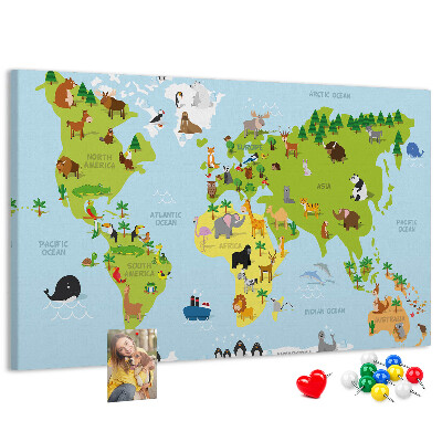 Nástěnka Mapa světa se zvířaty a kontinenty