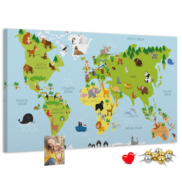 Nástěnka Mapa světa se zvířaty a kontinenty