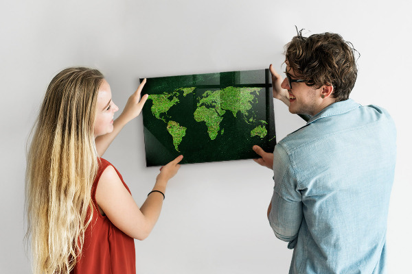 Magnetická tabule na zeď v designu travnaté mapy světa