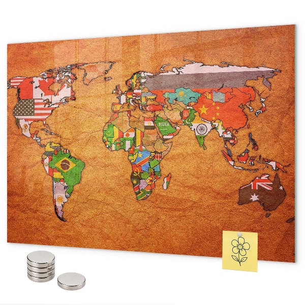 Mapa světa s vlajkami magnetická tabule na zeď