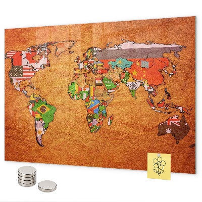 Mapa světa s vlajkami magnetická tabule na zeď