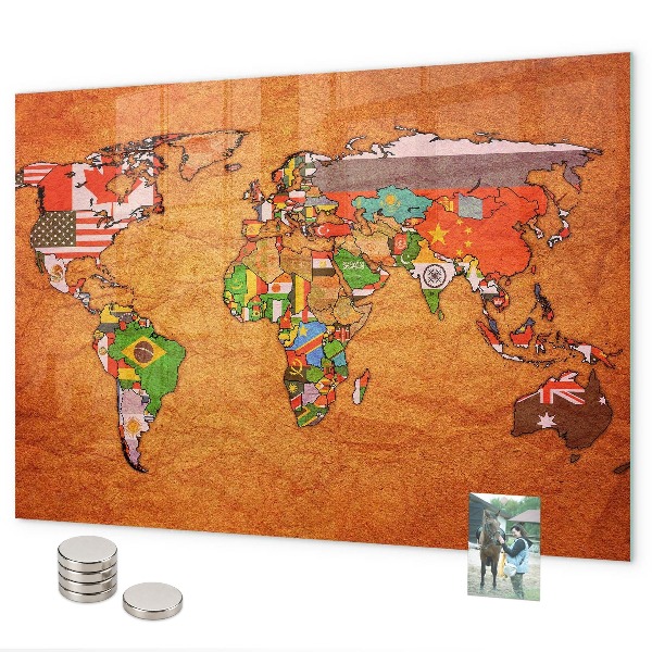 Mapa světa s vlajkami magnetická tabule na zeď
