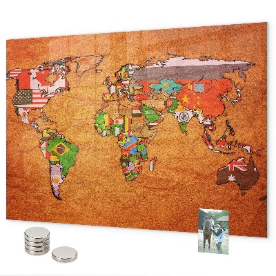 Mapa světa s vlajkami magnetická tabule na zeď