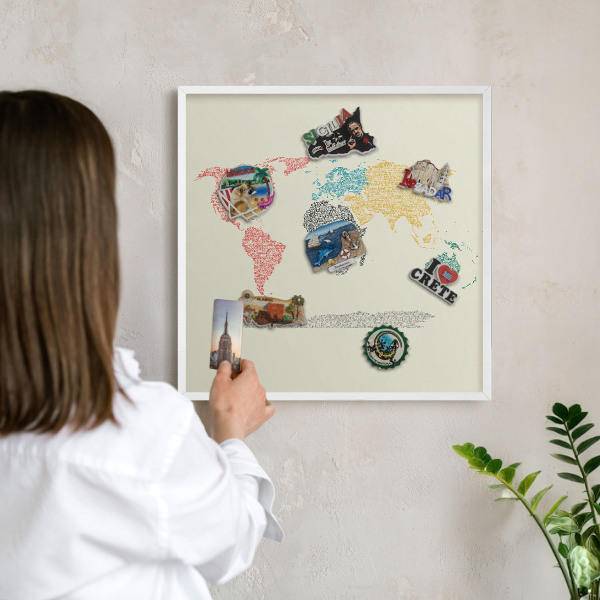 Kovové tabule na magnety bílý rám Mapa světa