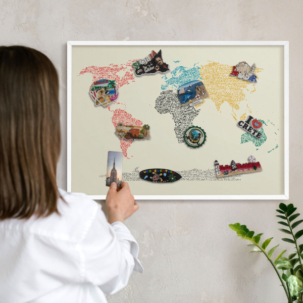 Kovové tabule na magnety bílý rám Mapa světa