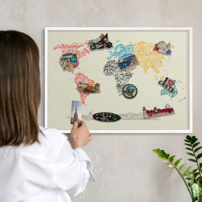 Kovové tabule na magnety bílý rám Mapa světa