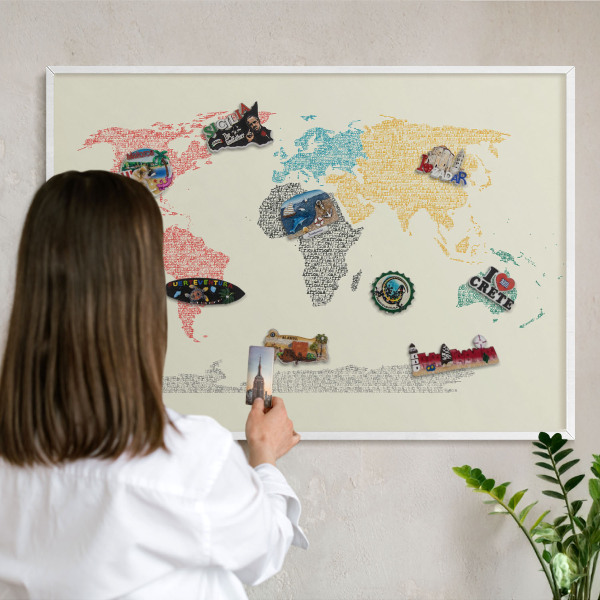 Kovové tabule na magnety bílý rám Mapa světa