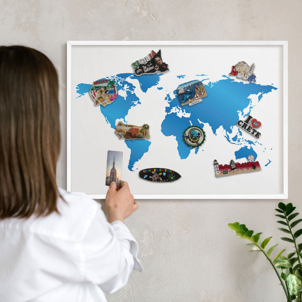 Kovové tabule na magnety bílý rám Mapa světa