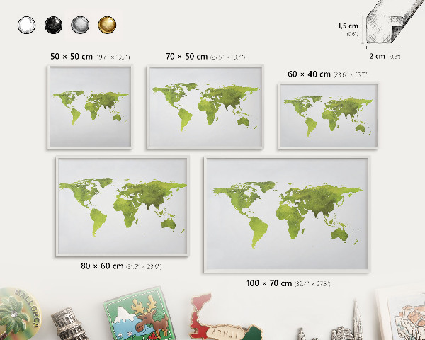 Kovové tabule na magnety bílý rám Zelená mapa