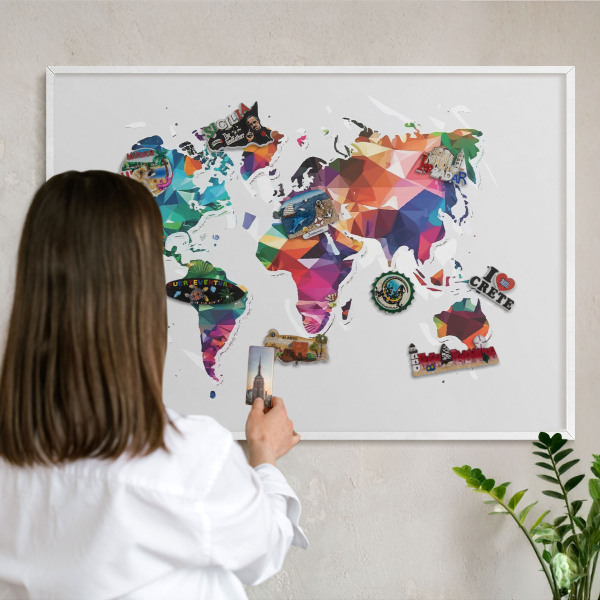 Kovové tabule na magnety bílý rám Mapa světa