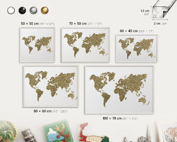 Kovové tabule na magnety bílý rám Mapa světa