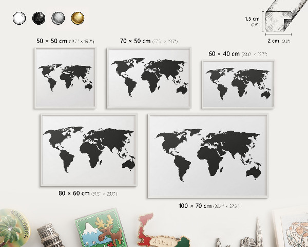 Nástěnky na magnety v bílém rámu Mapa světa
