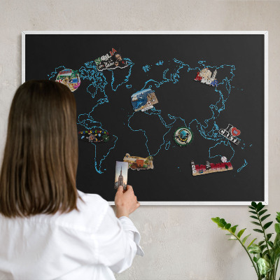 Kovové tabule na magnety bílý rám Mapa světa
