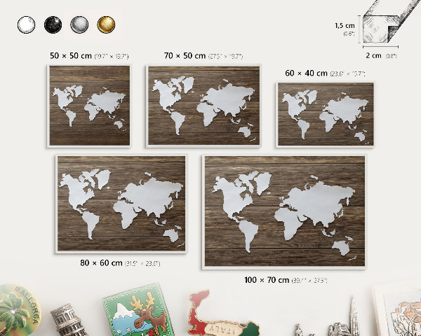Nástěnky na magnety v bílém rámu Dřevěná mapa