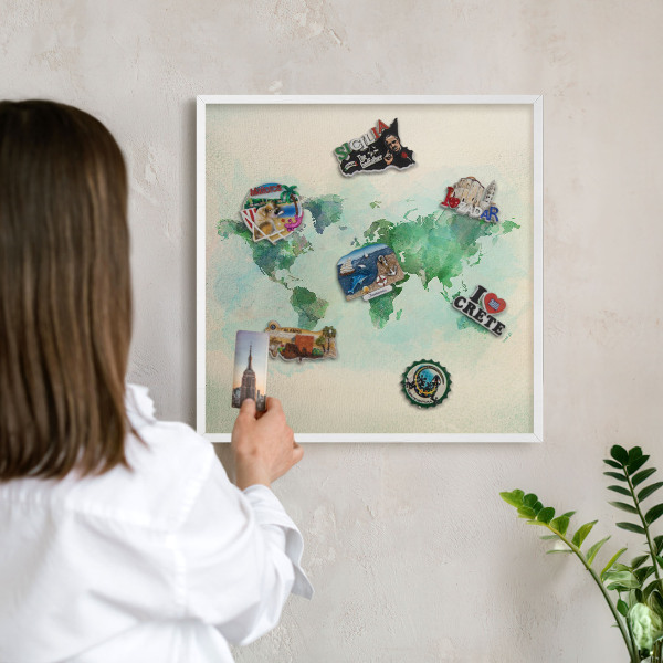 Kovové tabule na magnety bílý rám Mapa světa