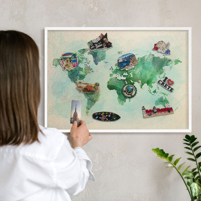 Kovové tabule na magnety bílý rám Mapa světa