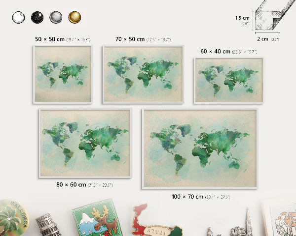 Kovové tabule na magnety bílý rám Mapa světa