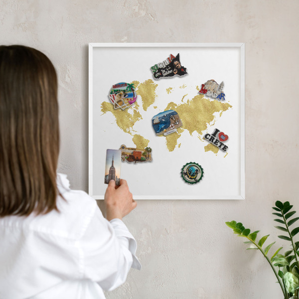 Kovové tabule na magnety bílý rám Mapa světa