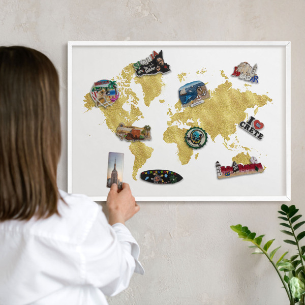 Kovové tabule na magnety bílý rám Mapa světa