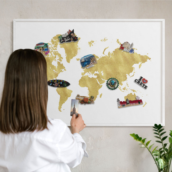 Kovové tabule na magnety bílý rám Mapa světa