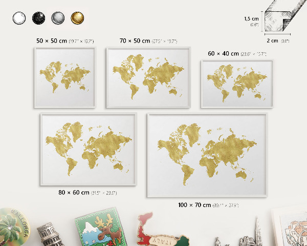 Kovové tabule na magnety bílý rám Mapa světa